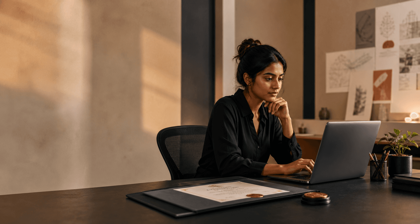 A software builder working at her desk with her earned certificate nearby