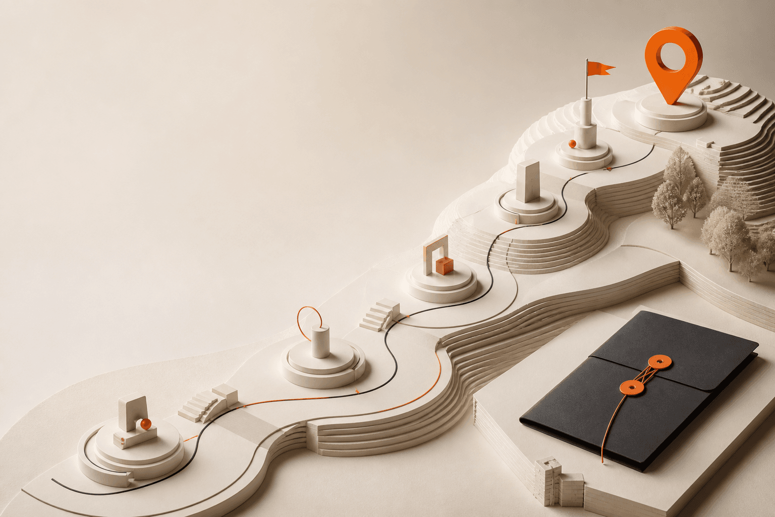 A sculptural roadmap leading through milestones to a final credential