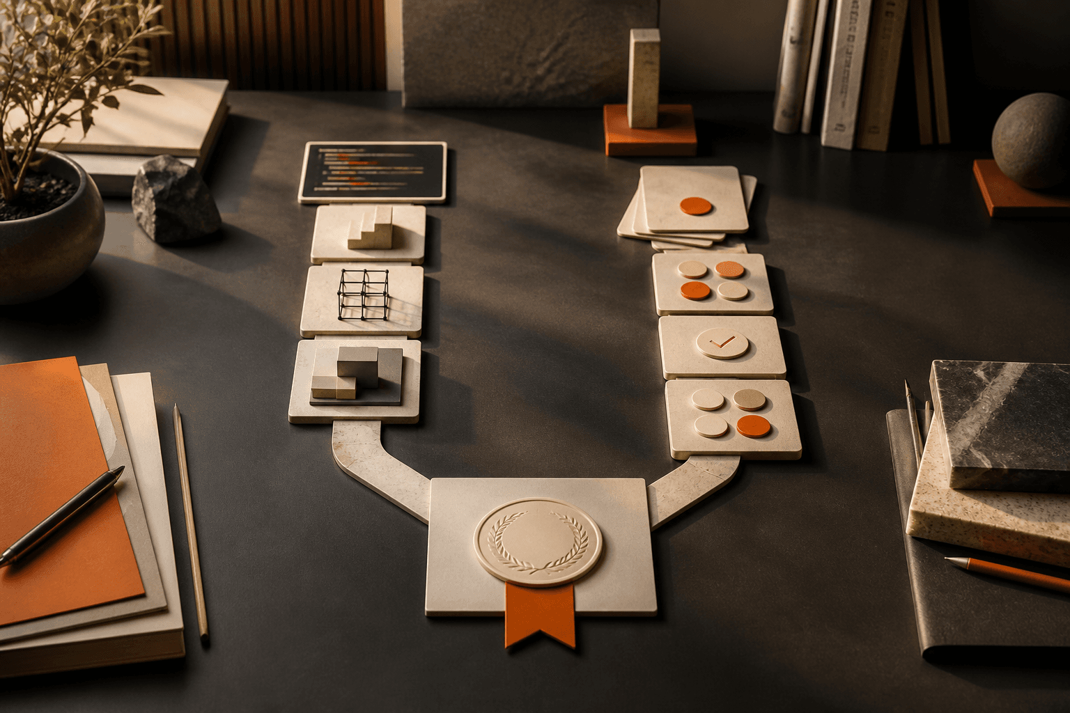 Two balanced learning paths, projects and activities, converging on one credential